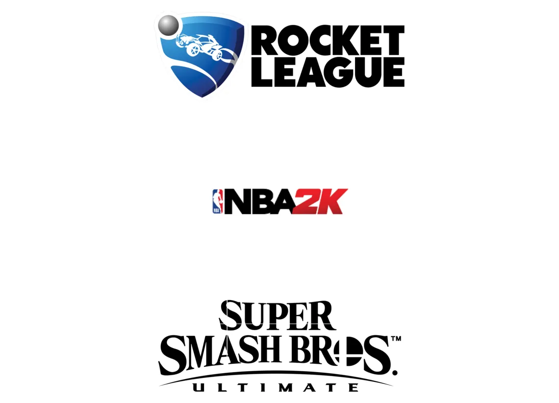 Logos for Rocket League, NBA2K, Super Smash Bros Ultimate